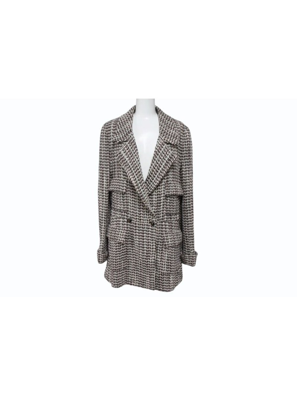 Chanel Jacket Coco Buttons Tweed Rayon Wool White Brown